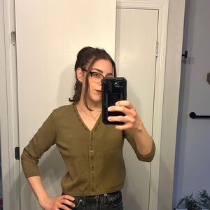 Vintage Y2K Abercrombie & Fitch Olive V‑Neck Beaded Embroidered Cardigan